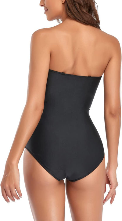 Costume da bagno senza spalline con ruches e controllo della pancia