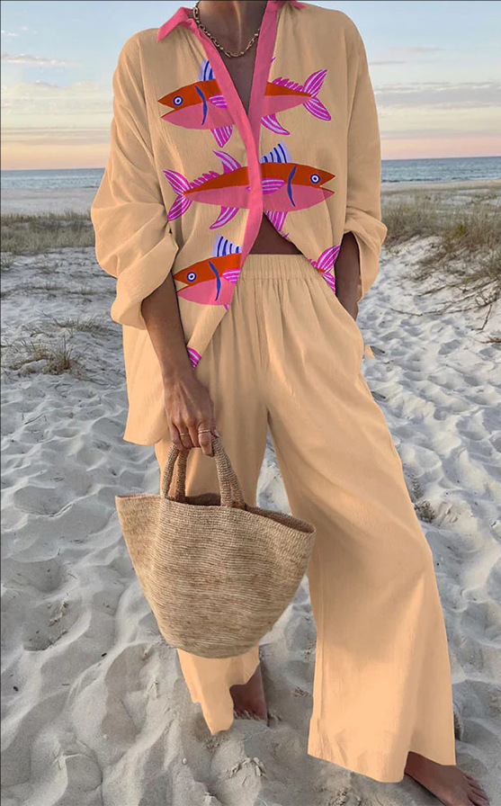 Chiara™ | Completo Rosa con Stampa di Pesci